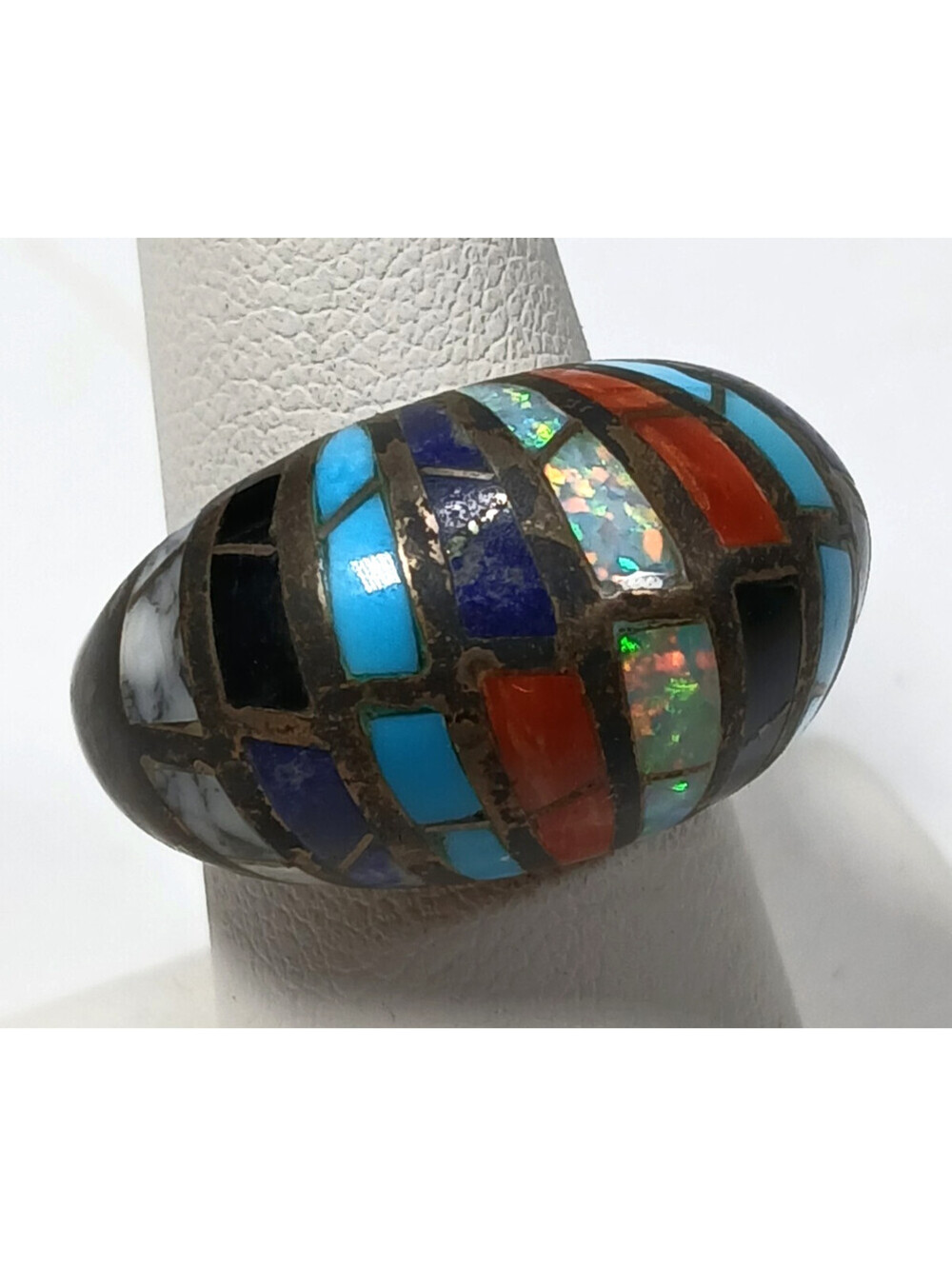 S Silver Lapis, Opal, Spiny Oyster Jet Native American Dome Ring Sz 6.5, 10grams